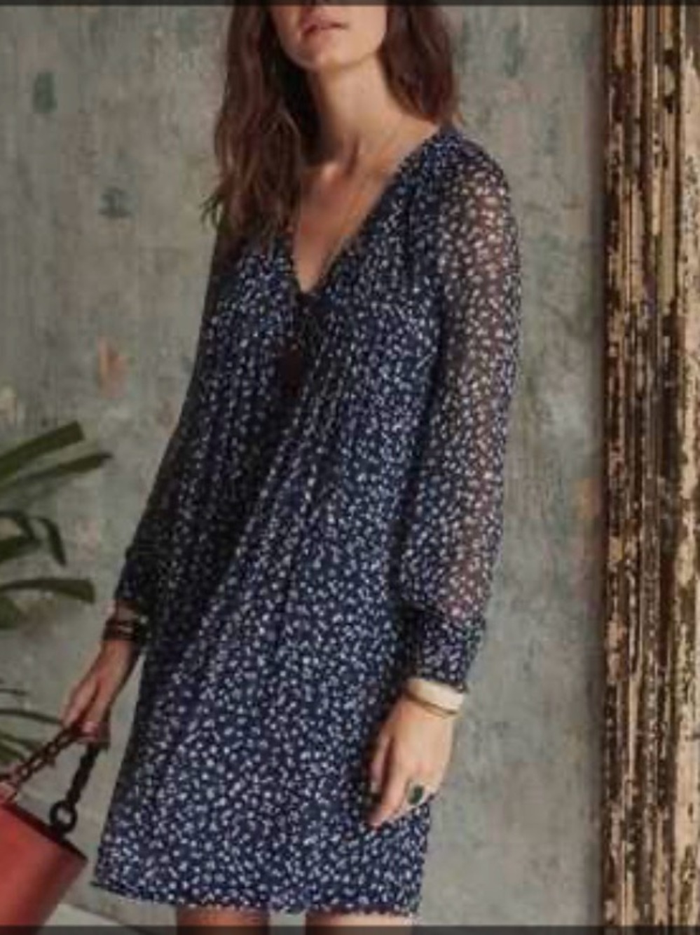 Sézane Navy Chiffon Mini Dress with White Floral Print - Small